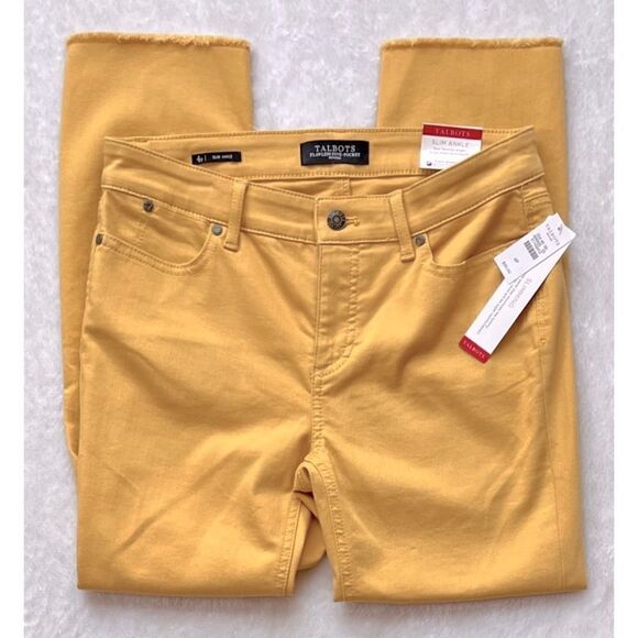 NWT Talbots Flawless Five Pocket Frayed Hem Slim Ankle Jeans in Yellow, Size 4P - Picture 4 of 16